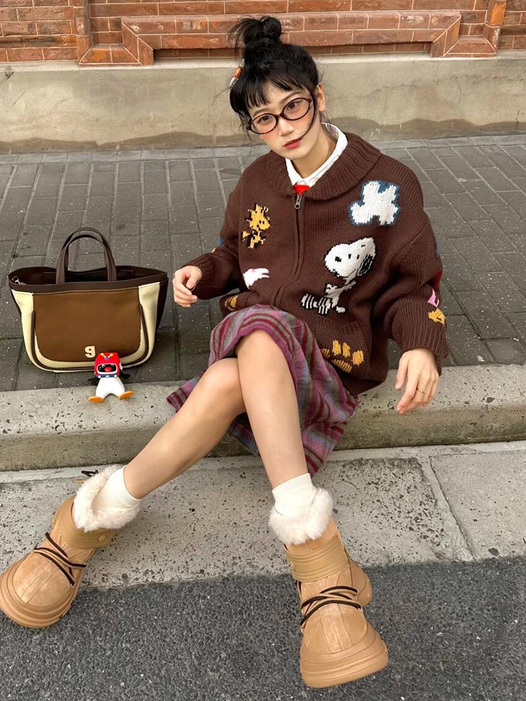 

Осень-зима женский свободный вязаный свитер пальто забавная вышивка коричневый отложной воротник длинный Sve Street Sle Top