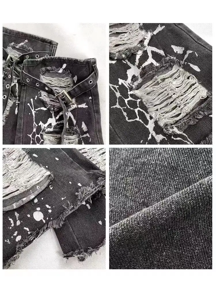 Y2K Punk Black Denim Leg Warmers Graffiti Print Ripped Distressed Metal Buckle Strap Boot Covers Boot Cuffs