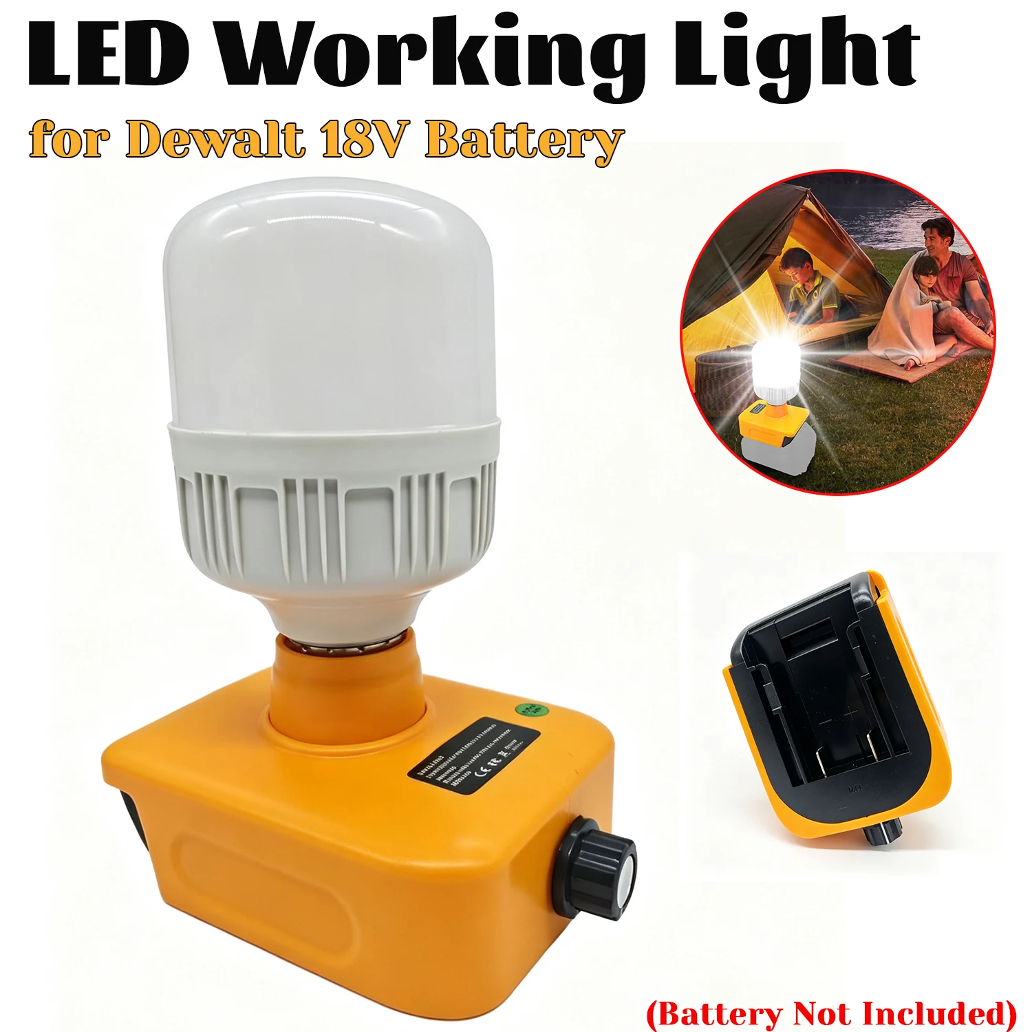 For Dewalt 18V 20V Lithium‑ion Battery Portable LED Flood Light 12W Dimmable Cool White E27 Bulb Outdoor Garage Work Lamp
