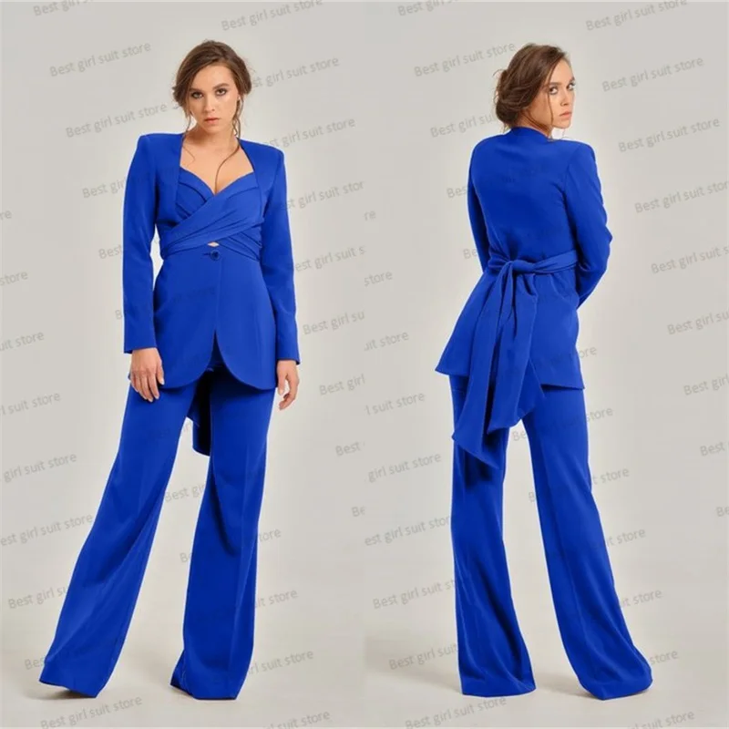 Royal Blue Women Suit Set Blazer+Pants 2 Pieces Prom Dress Lace Up Sexy Hollow Party Jacket Coat Full Sleeves Tailored Made