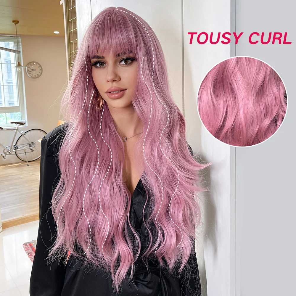 oneNonly Long Pink Wig with Bangs Natural Wave Heat Resistant Wavy Hair Synthetic Wigs for Women Lolita Cosplay