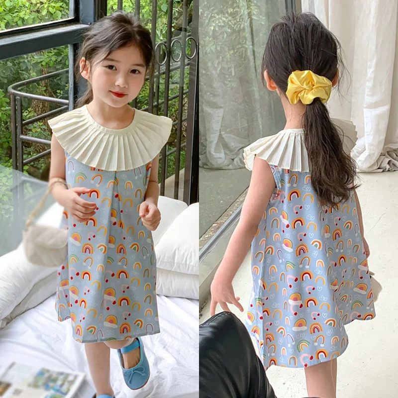 3-8T Summer Girls Dress Baby Ruffles Collar Birthday Princess Dresses Rainbow Print Cartoon Tank Top Dress Kid Children Vestidos