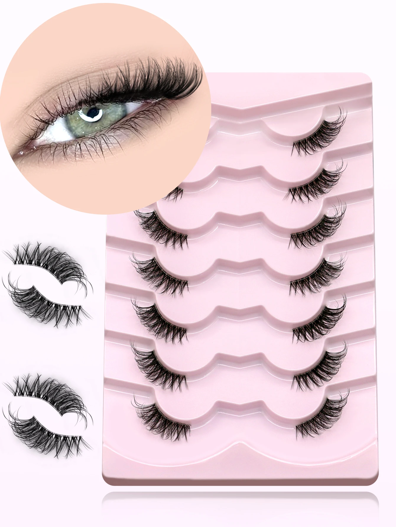 Lasvirey Flauschige halbe Wimpern, natürliche Katzenaugen-Wimpern, weich, dünn, klarer Stiel, natürlicher Look, 3D-Faux-Nerzwimpern-Make-up