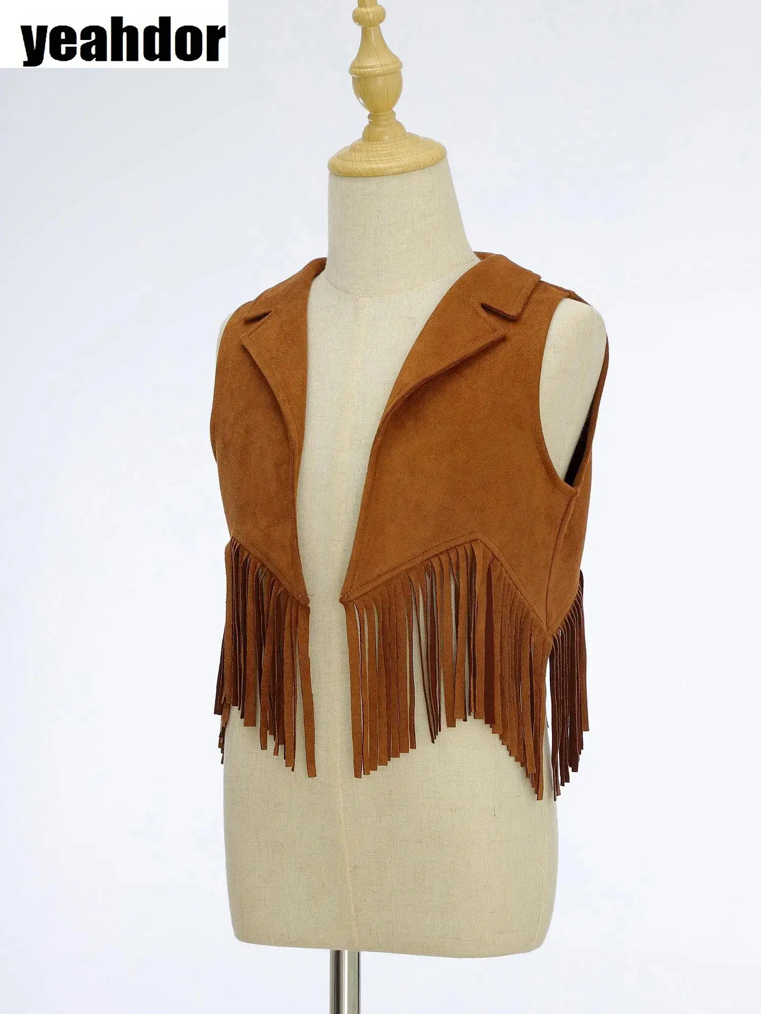 

Western Cowboy Cowgirl Vest Sleeveless Faux Suede Tassel Vest Fringe Waistcoat Top for Halloween Cosplay Carnival Fancy Dress Up