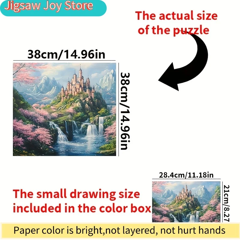 大人に適したミニパズル - 城の滝と桜の木の山、ミニチュアデザイン、傷つきにくい