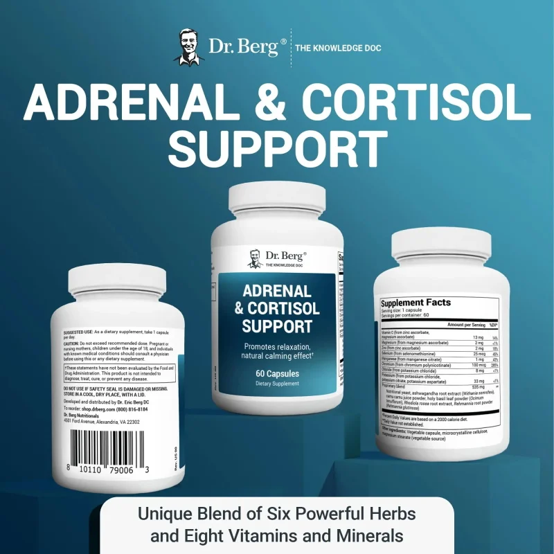 Dr. Berg Cortisol Support - Promotes Relaxation, Natural Calm 8 Essential Vitamins & Minerals 6 Potent Herbs 60 Capsules