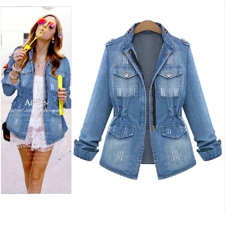 Jaket Denim kasual wanita, jaket Denim musim panas kerah berdiri, gaya perkotaan, jaket ramping 2024