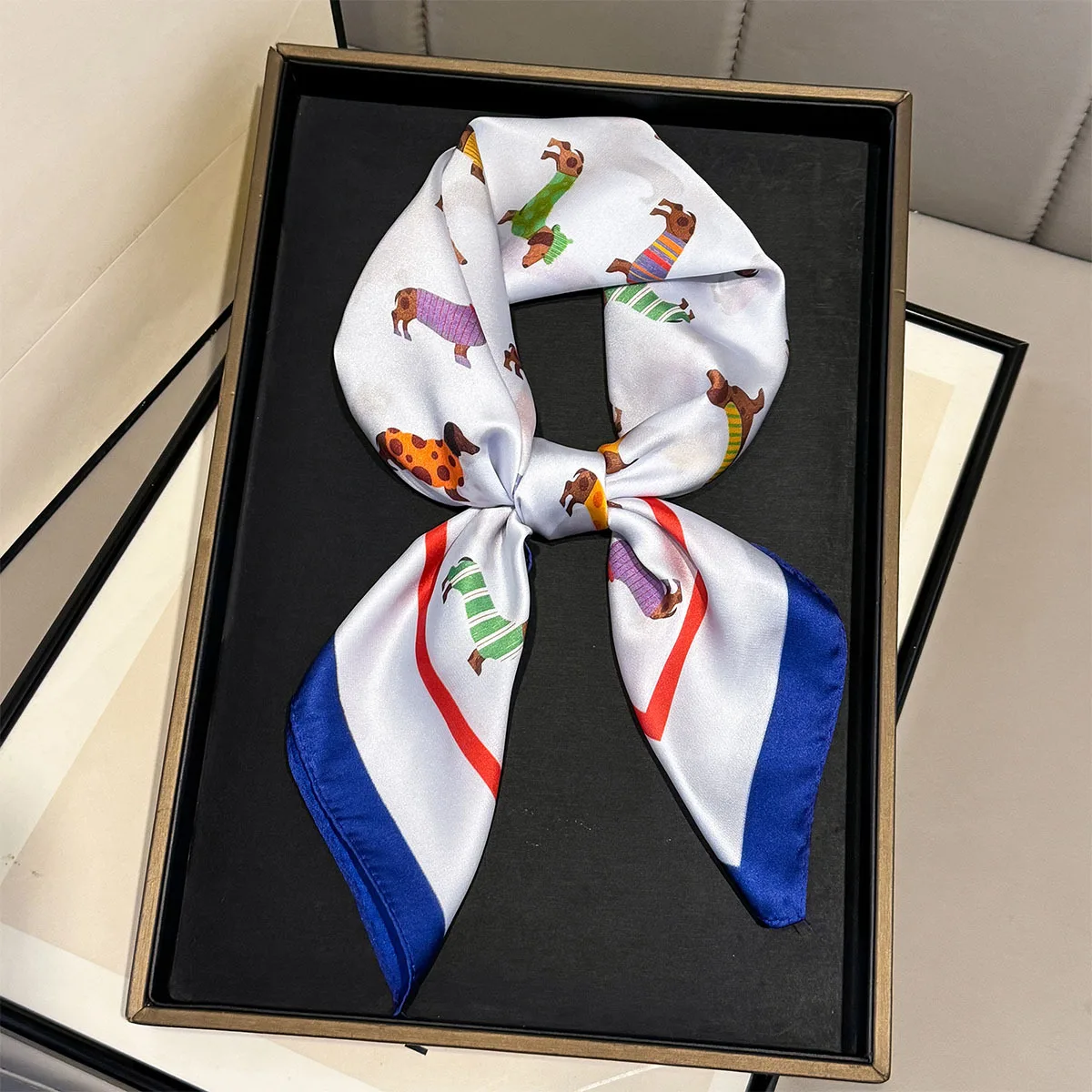 Luxury Dog Print Square Scarf for Women Soft Satin Hairband Handbag Ribbon Foulard Hijab Neckerchief Stylish Ladies' Accessory view 5