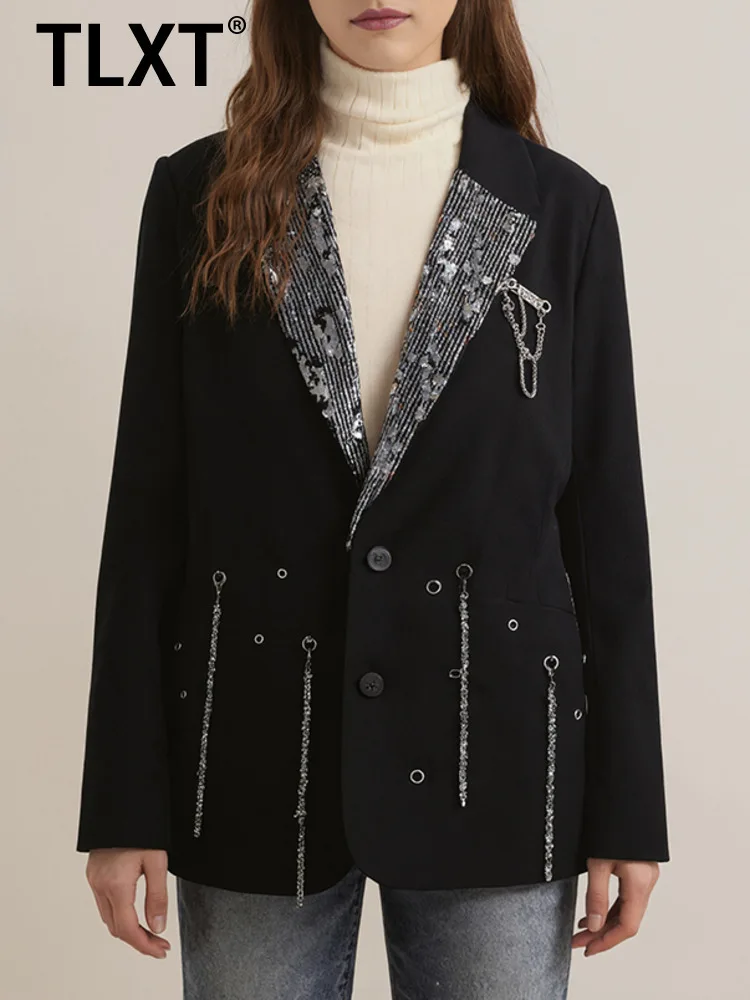 

TLXT модный женский черный блейзер в стиле пэчворк с блестками и лацканами, свободный однобортный пиджак с металлической цепочкой, осенняя новинка XK1516