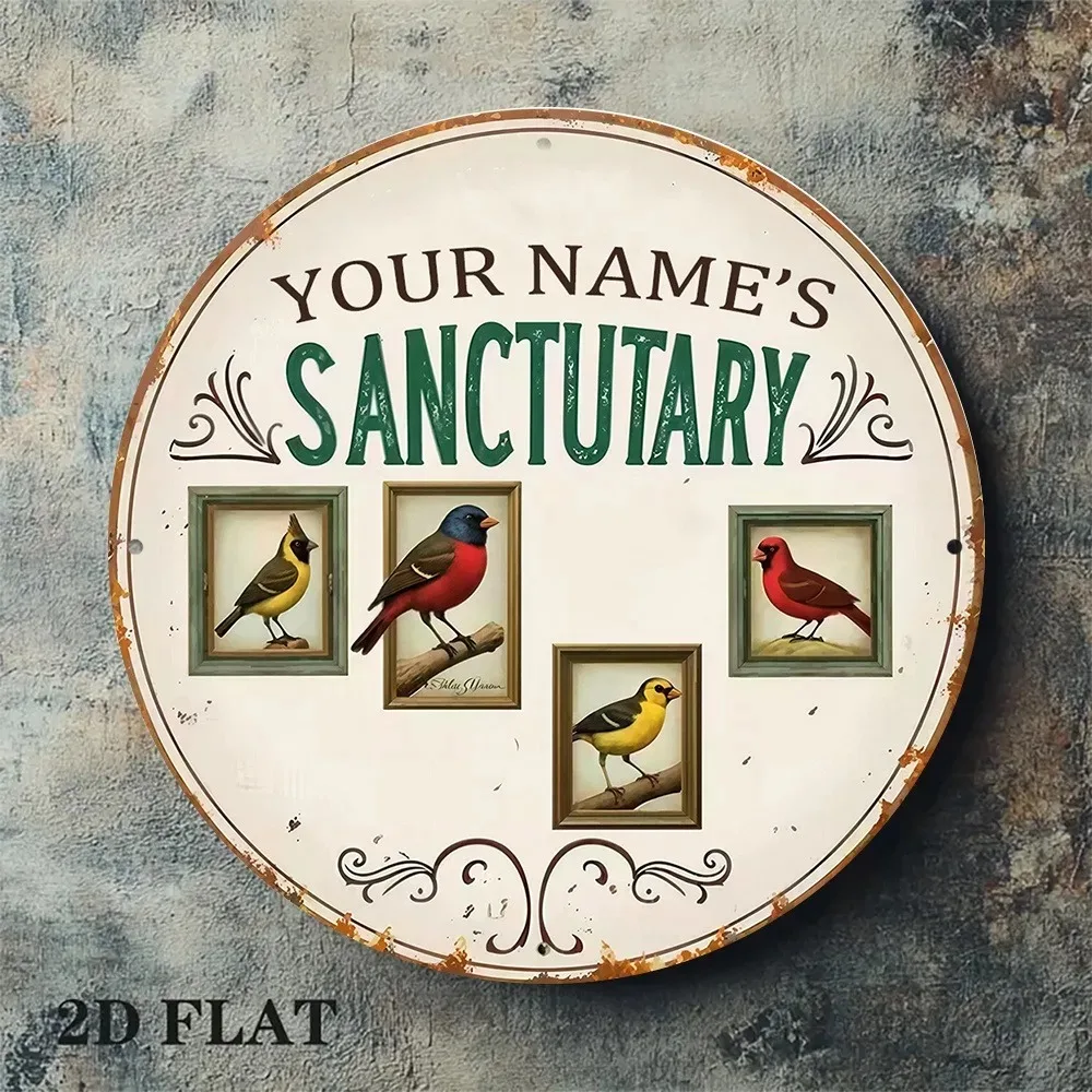 CIFbuy Round Bird Sanctuary Metal Plaque,Personalized Custom Text Vintage Framed Wild Birds Garden Wall Ornament (Only For Decor