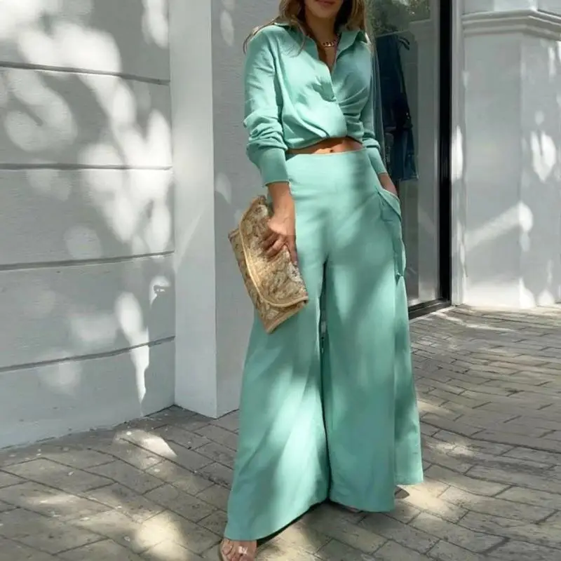 Casual Two Piece Set Women 2023 Autumn New V-neck Solid Color Long Sleeved Shirts Loose Wide Legs Trousers Sets Commuting MsChuh