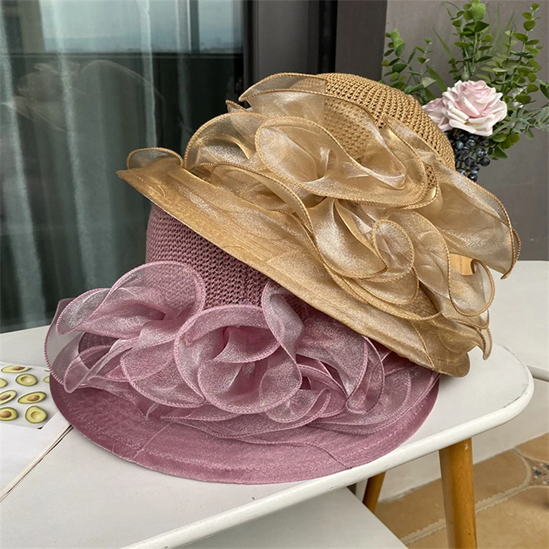 Womens Lace Floral Organza Sun Hat Wide Brim Tea Kentucky Derby Party Church Wedding Cap