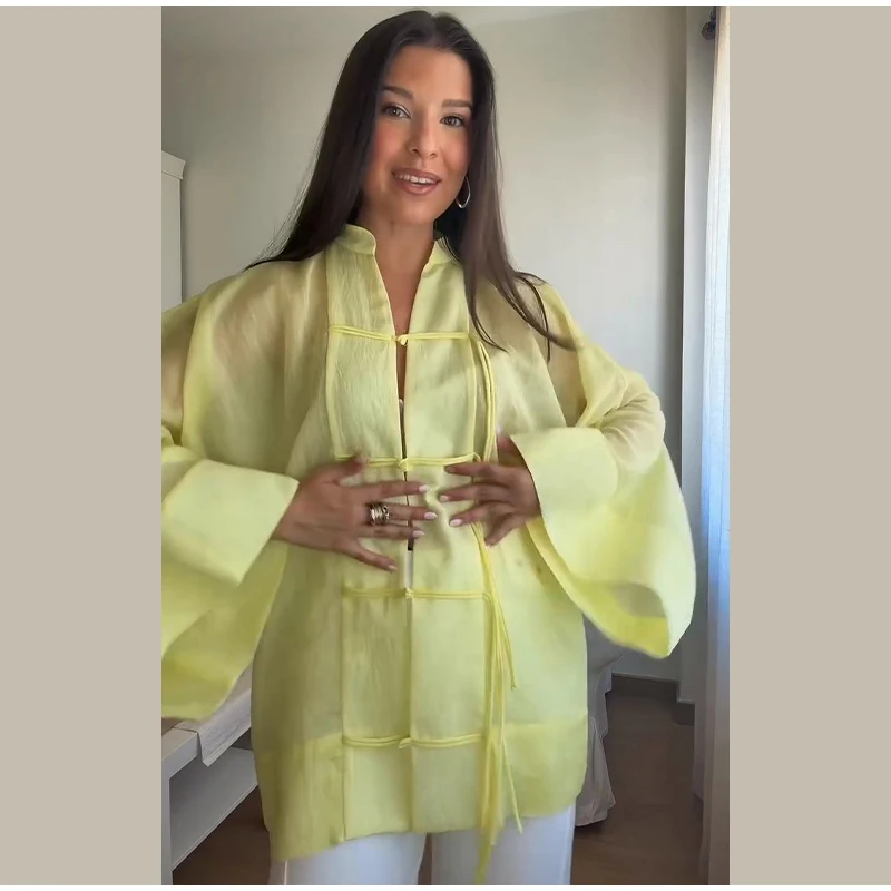 Elegant Chinese Style Frog Button Blouse Sheer Wide Sleeve Loose Fit 2026 Summer Office Casual Chic Breathable Wear Women Top