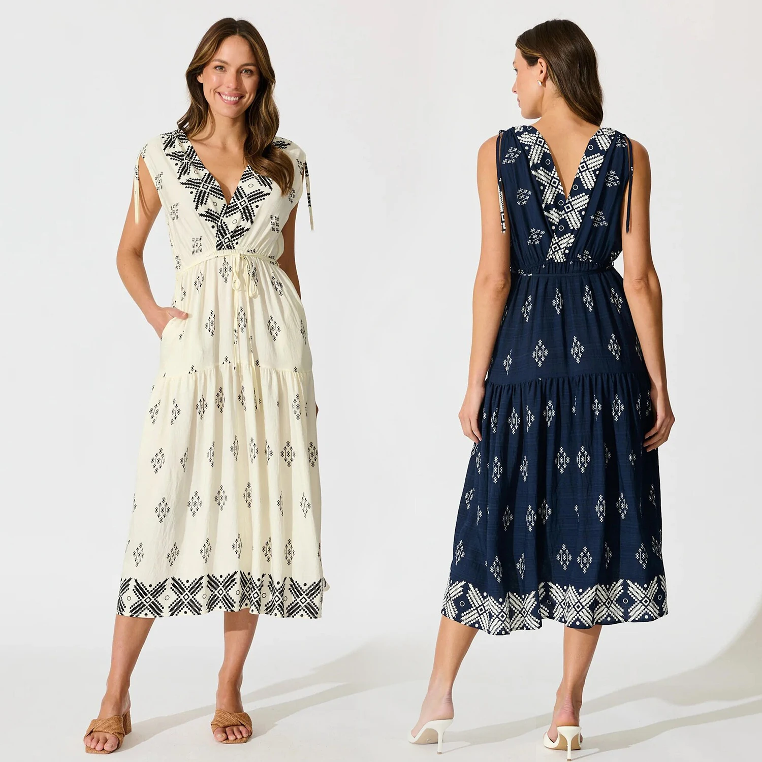 Comfortable  Cotton Casual Boho Geometric Print Dress Sleeveless V Neck Tiered Skirt Midi Dress For Daily & Vacation Wear