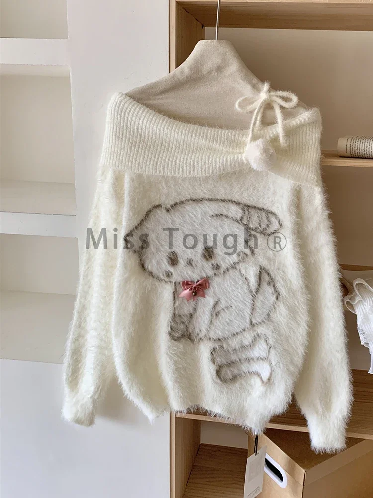 Fall Winter Women  Sweet Korean Girl Slash Neck Cuddly Sweater Long Sleeve Pullovers 2000s Aesthetic Mori Girl Cozy Cute Core