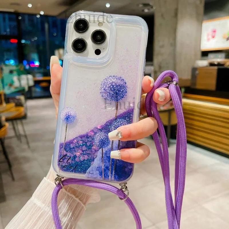 Treibsand-Blumen-Hülle für iPhone 17, 16, 14, 15, 13, 11, Pro Max 12, Mini X Plus 16E, transparenter Riemen, flüssiger Glitzer, Umhängeband-Abdeckung – Detail 16