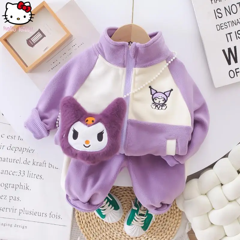 

Одежда для девочек с героями мультфильмов «Куроми», теплое пальто и брюки, комплект Kawaii, осень-зима Sanrio, новая утолщенная хлопковая куртка из овечьей шерсти, модная