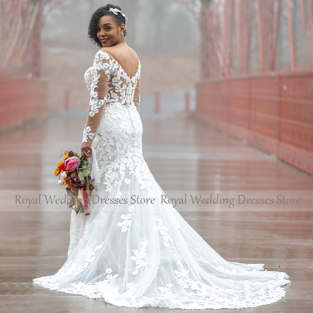 Vestido de novia de sirena para mujer, apliques de marfil, cuello en V, mangas largas, vestidos de novia de ilusión de trompeta, 2024