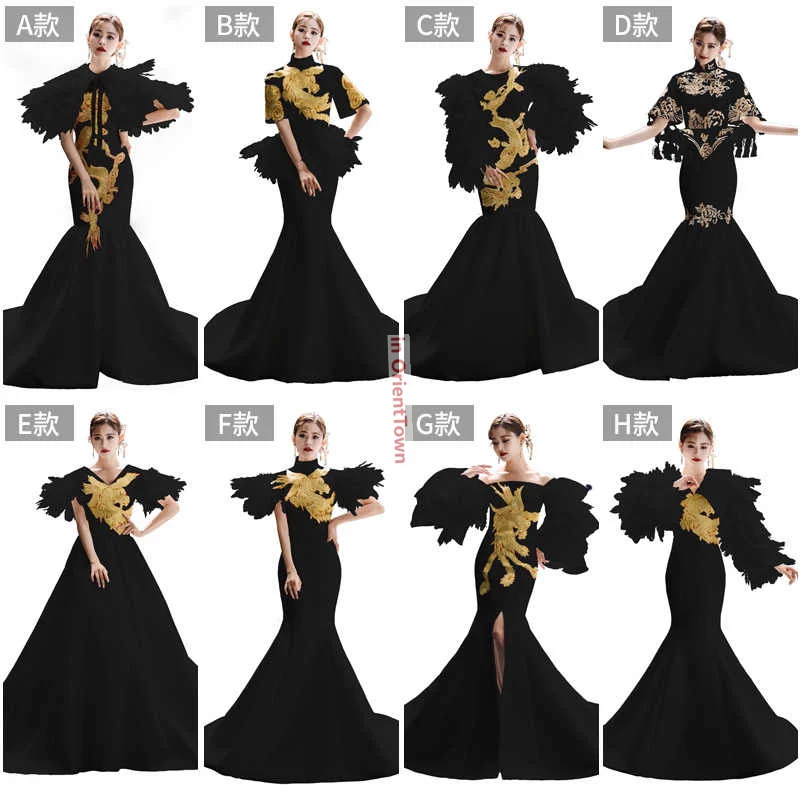 Elegant Model Show Half Sleeve Long Cheongsam T Stage Embroidery Pattern Outfit East Asia Trend Gorgeous Black Female Host Dress