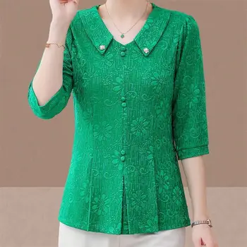 여름 분위기 있는 베이스 스몰 셔츠, 중년 패션, 서양 엄마 의상, 중간 소매 티셔츠 상의, 여름 신상 