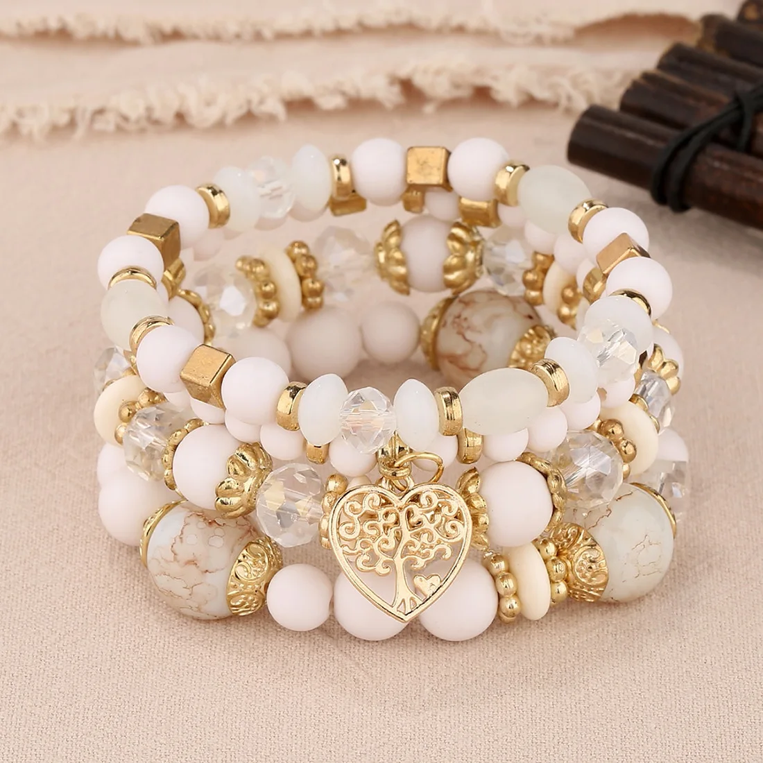 4Pcs Tree of Life Heart Bracelet Set For Women Acrylic Glass Beads Chain Elastic Bangle Female Fashion Party Jewelry