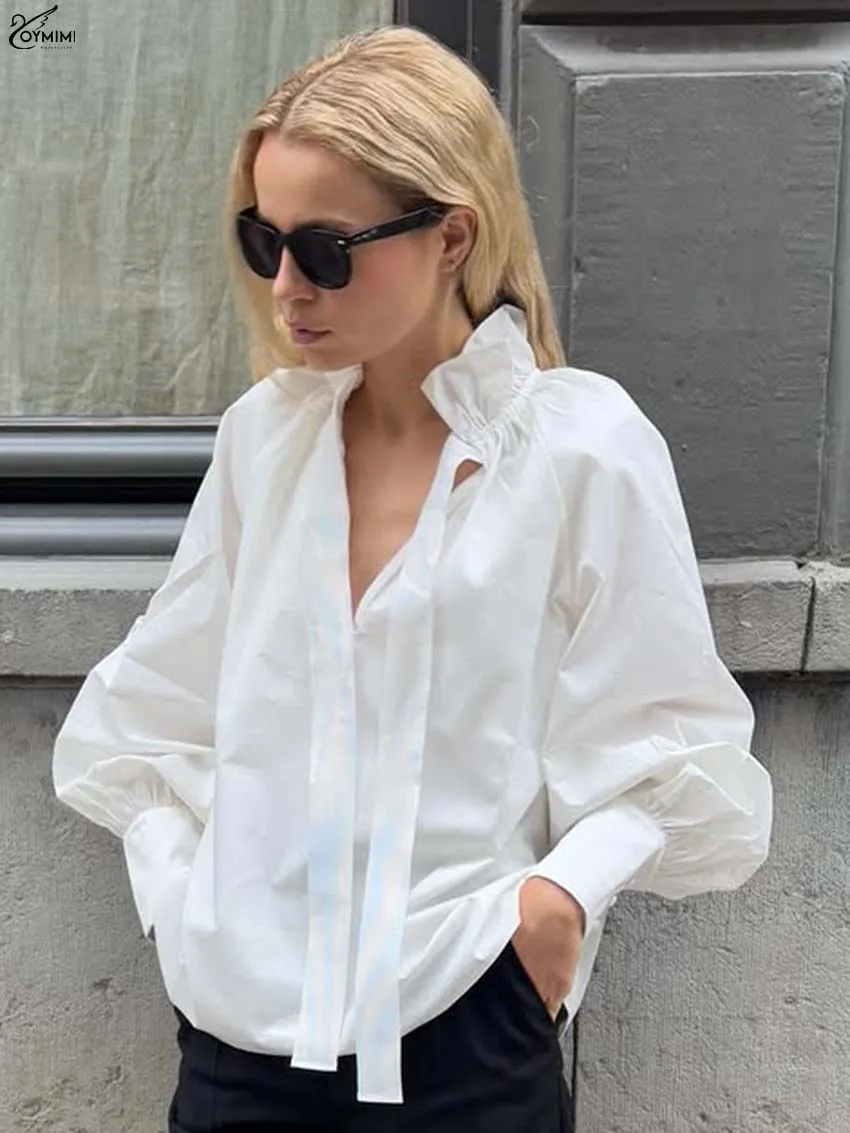 

Oymimi Elegant White Cotton Women's Shirt Fashion New Lace-Up Neck Long Sleeve Shirts Casual Solid Button Blouses Female Clothes
