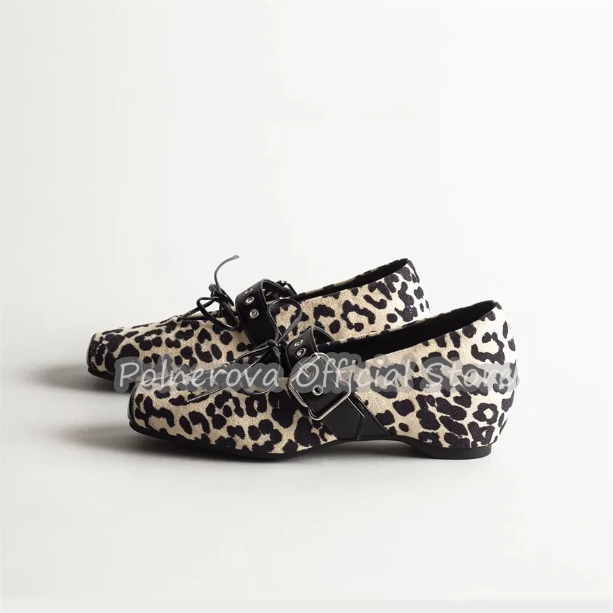 

Retro Leopard Print Buckle Strap Women Mary Janes Butterfly-Knot Decor Round Toe Height Increasing Pumps Lady Ballet Shoes