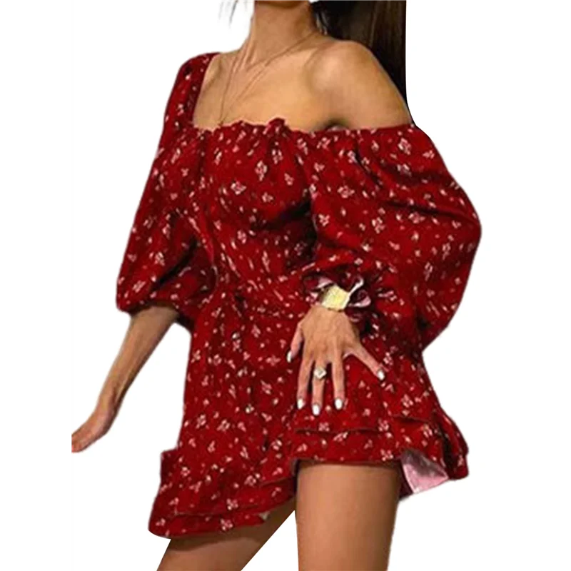 FX-レディース 花柄 オフショルダー パフスリーブ ショートドレス ボヘミアン フリルトリム Aライン ミニドレス レッド S