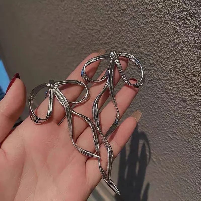 Korean Design Fashion Simple Silver Color Metal Line Bow Earrings Elegant Big Long Bowknot Drop Earrings Female Party Jewelry