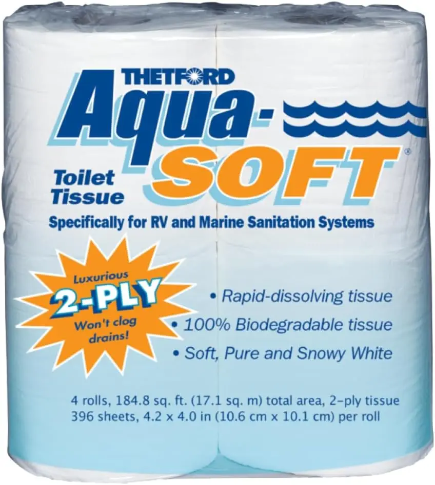 Soft 2-Ply Toilet Paper for RV and Marine Use, Pack of 4 Rolls, White