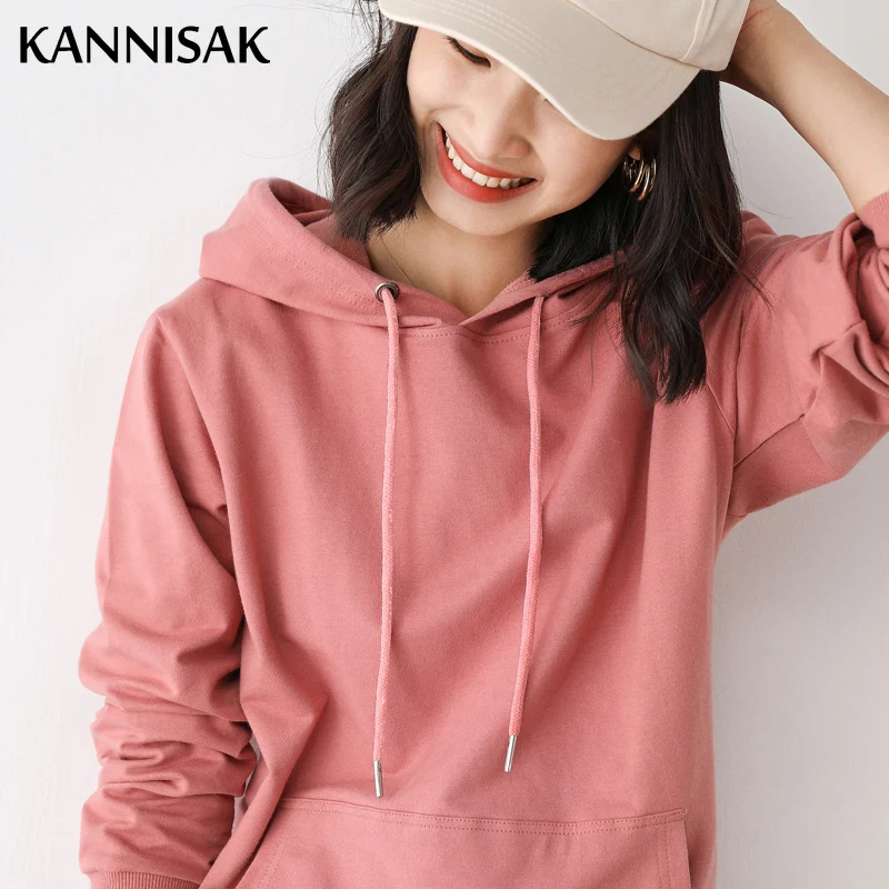 Women Hoodies 100% Cotton Spring Autumn Loose Long Sleeve Pullovers Solid Casual Ladies Outerwear Hooded Hoodie Womens Clothing