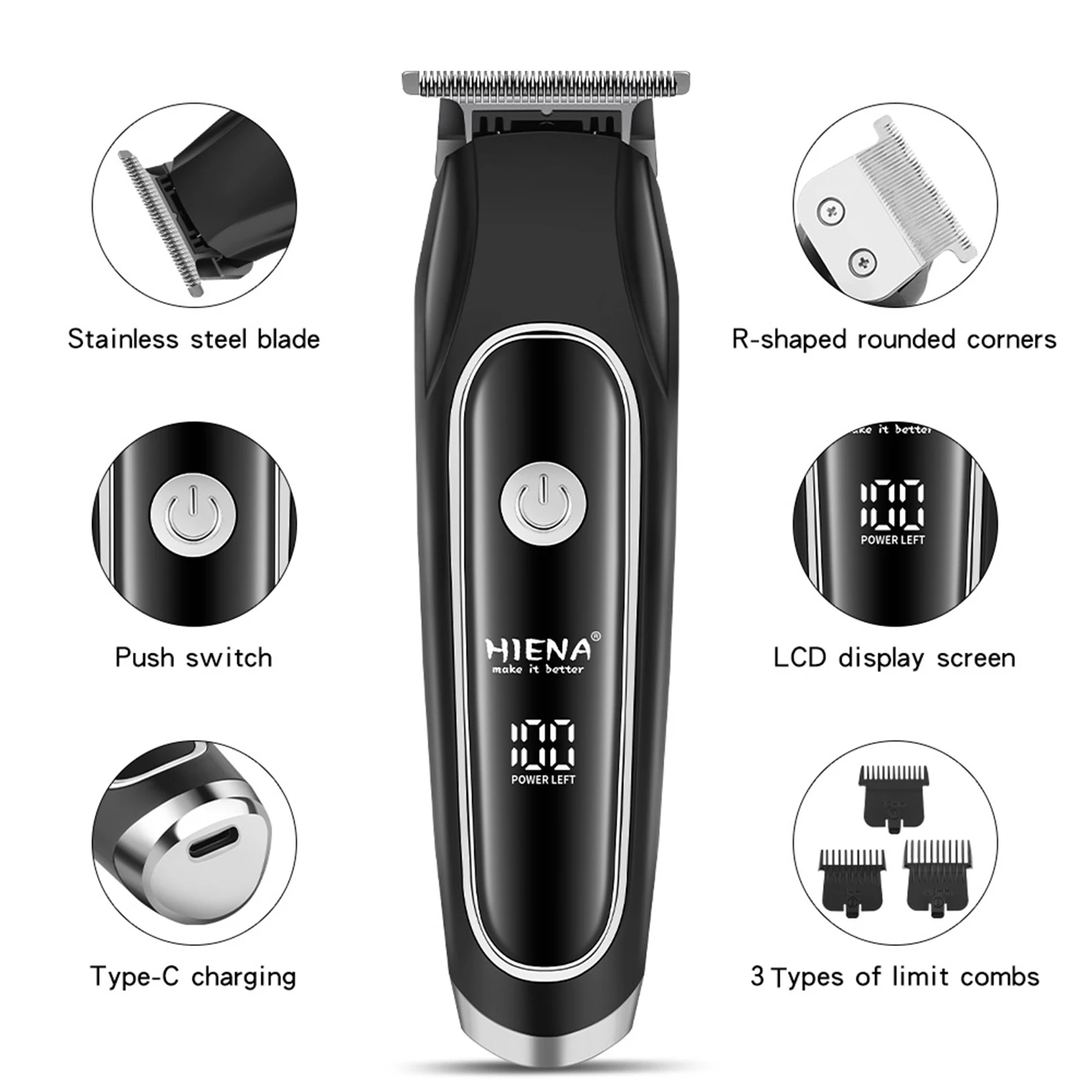 HIENA Haarschneider-Set, 1000–1200 mAh, leistungsstarker kabelloser elektrischer Haarschneider, Haarschneidemaschine für Herren, tragbare Rasierer