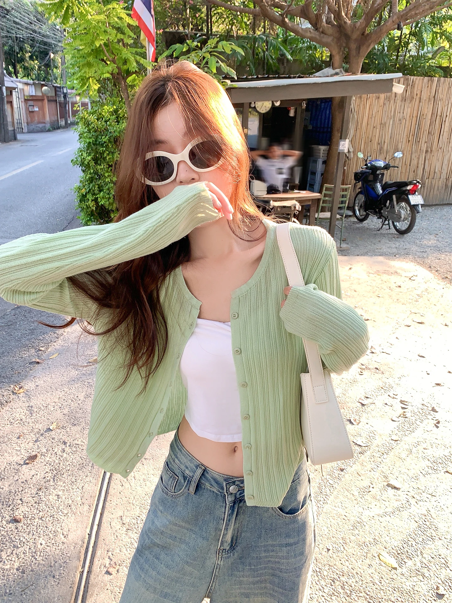 

Spring New Green Thin Short Knitted Open Cardigan Women's Early Spring Summer Match Commute Style Regular Fit Soft Knitwear