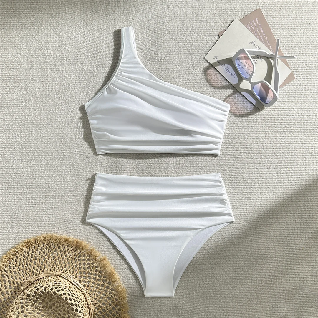 Neuer, geraffter, asymmetrischer Bikini mit hoher Taille, Damen-Badeanzug, zweiteiliges Bikini-Set, Badebekleidung, Badeanzug, Modell V5857. – Detail 16