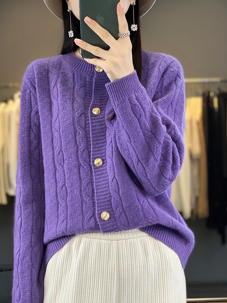 New Chic Twist Flower Women Sweater Long Sleeve O-neck Cardigan 100% Merino Wool Soft Warm Cashmere Knitwear Korean Fashion Tops