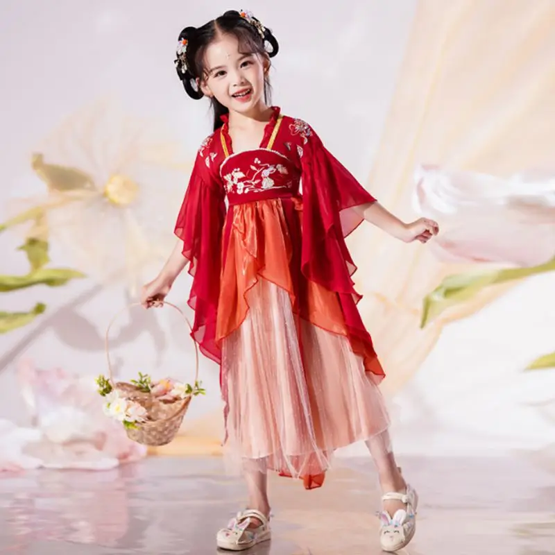 Robe Hanfu rouge de style chinois traditionnel pour filles, costume de princesse pour enfants, printemps, été, nouvel an