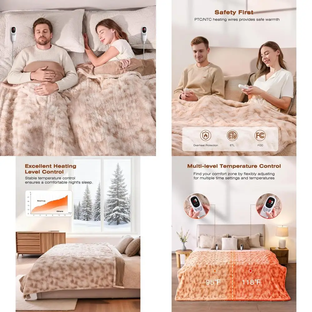 

Электрическое одеяло King Size 90x100, двухзонное отопление с 9 настройками температуры и таймером на 1–10 часов, искусственный мех и фланель, Ultr