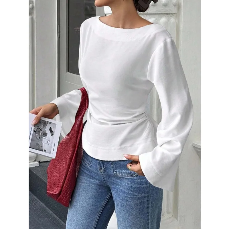 2026 Elegant Solid Color Women Boat Neck Flare Sleeve Top Back Tie Waist Slim Fit Multi Color Casual Daily Fashion Office Outfit