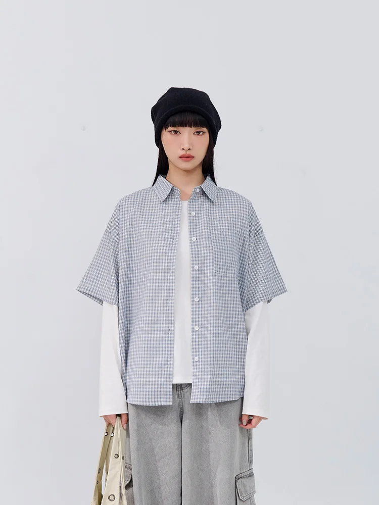 

Queenshop Spring Summer New Plaid Wide Leg Short Sleeve Shirt Women's Casual Loose Fit Cotton Polyester Blend Breathable Skin...