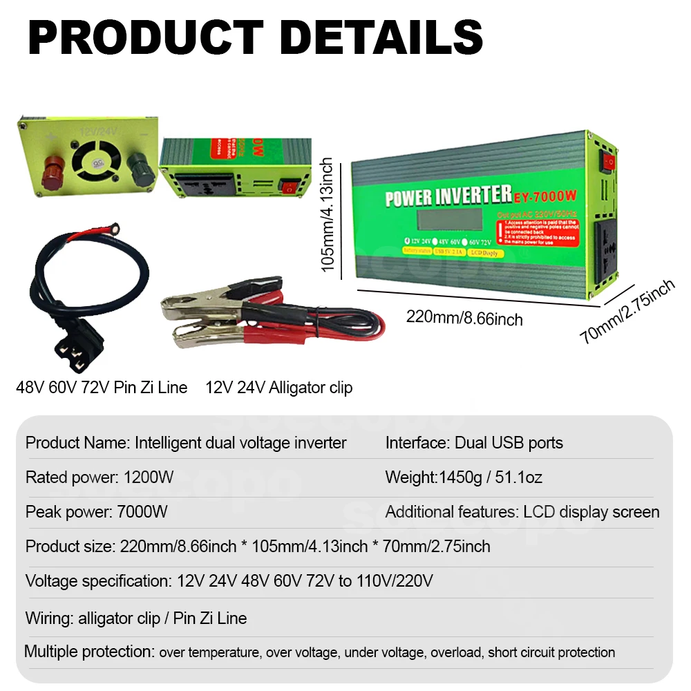 Smart Dual Voltage Inverter 7000W Peak Power LCD Screen Monitoring Multi-Protection Dual USB Ports 12V-72V Compatibility