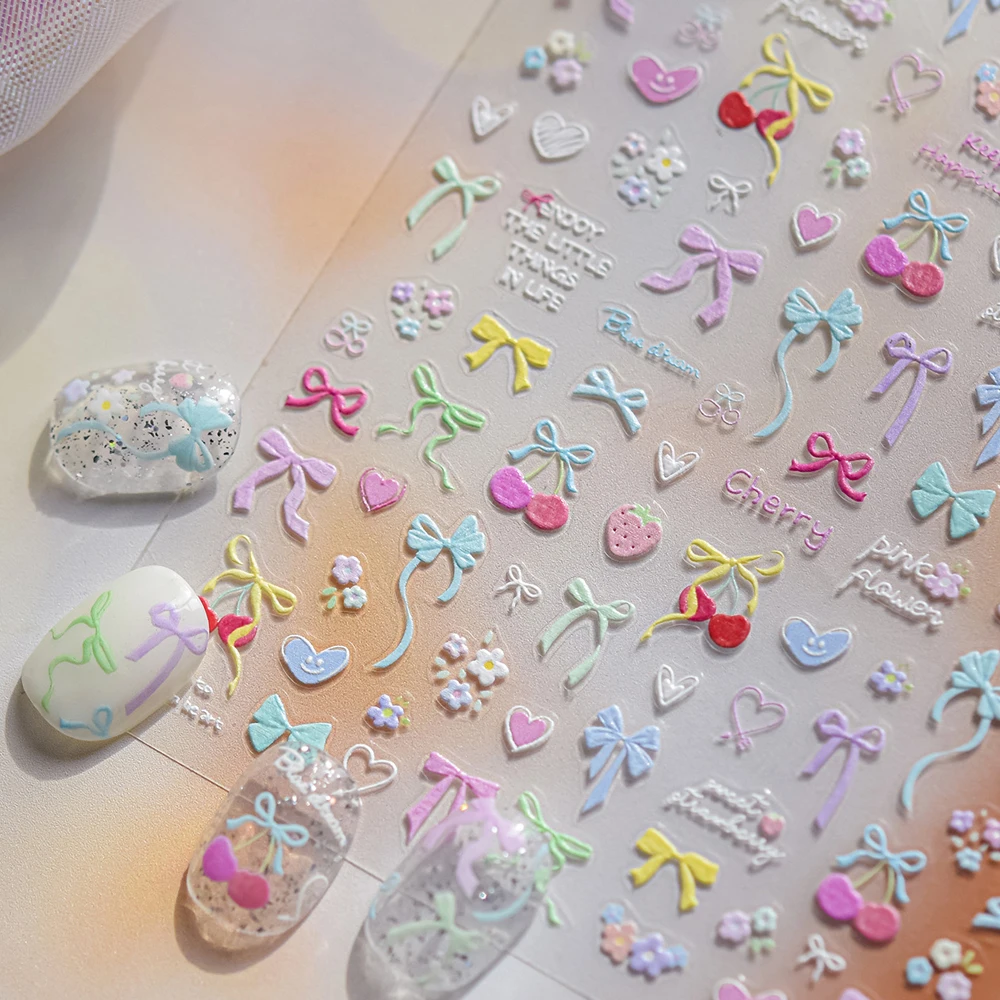 

Красочный бант 5D шелковая лента бант очаровательный цветок цветочный клубника вишня любовь сердце дизайн ногтей наклейка клейкая наклейка для маникюра