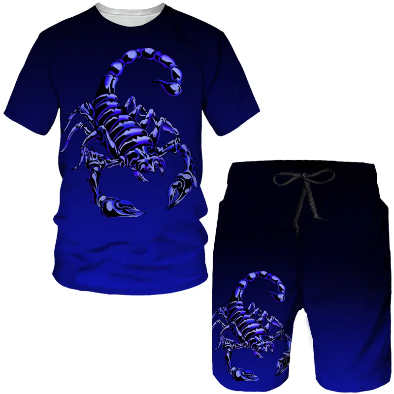 2025年 3Dプリント Tシャツ ショーツ セット ラウンドネック 半袖 サソリ柄 メンズ デイリー カジュアル ファッション アウトドア スポーツウェア