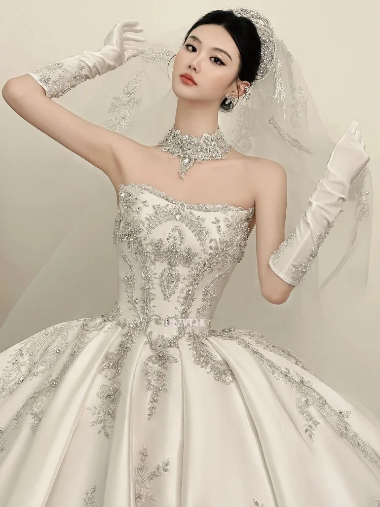 Satijnen strapless trouwjurk mouwloos luxe borduurwerk prinses sprankelende kralen bruidsjurk vestidos de novia aangepast