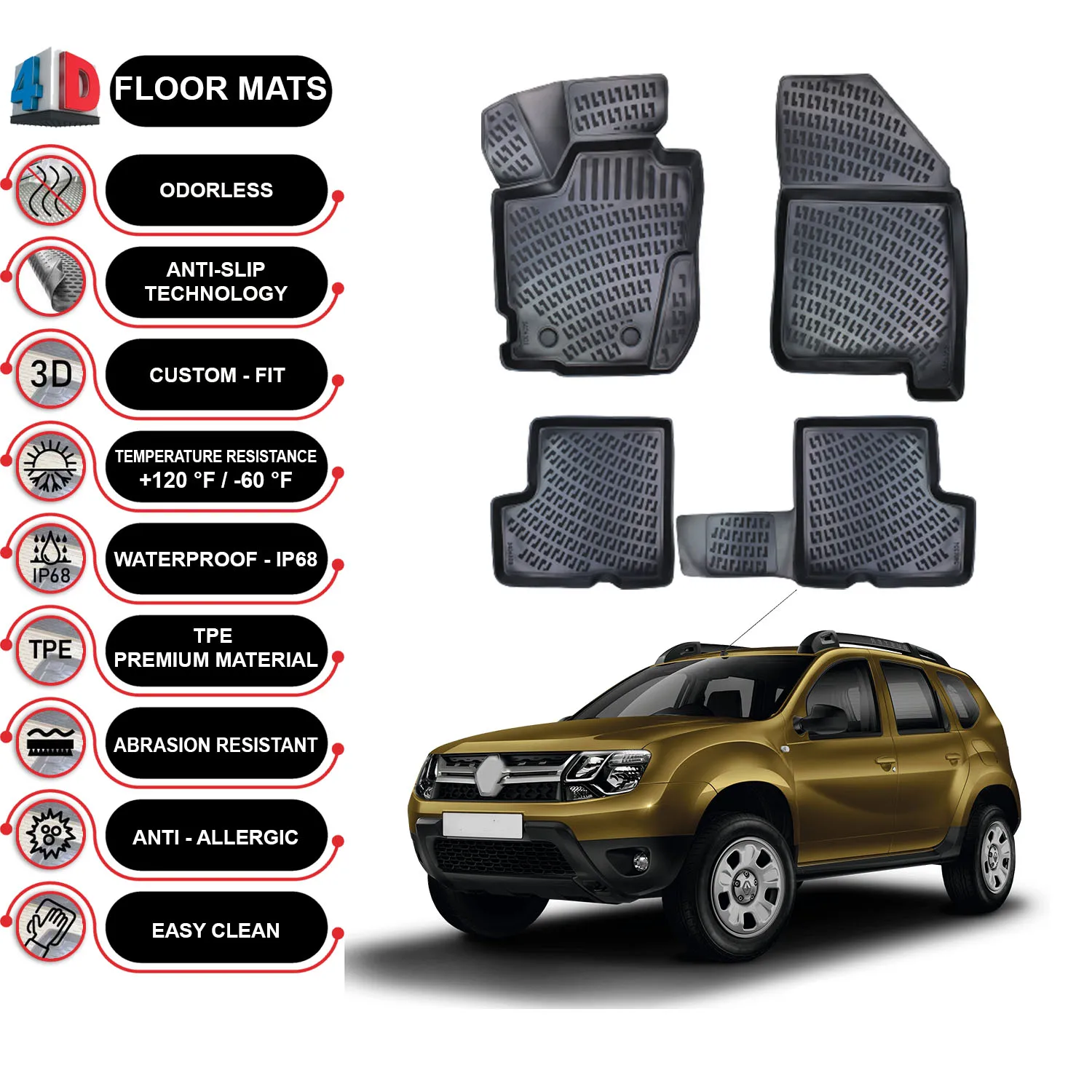 

Renault Duster 4x4 - (2018-2022) Floor Mats Liner Waterproof 3D - (Black)