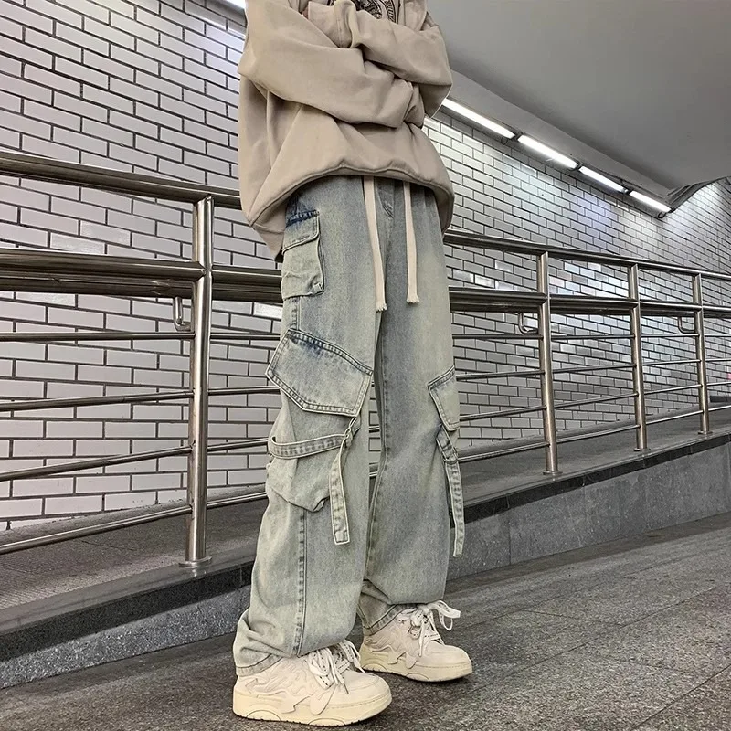 

American High Street Multi-Pocket Workwear Jeans Loose Wide Leg Men's Long Trousers Spring Summer New Style Straight Cut Jeans
