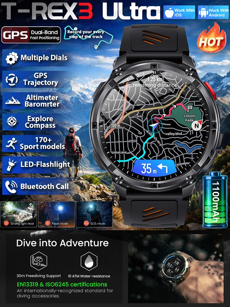 2026 Nieuwe T-Rex3 Ultra 1100mAh Batterij Smart Watch GPS-pad 5ATM Waterdicht Sport Run Wandelen Buiten Kompas Militaire Smartwatch - afbeelding 2