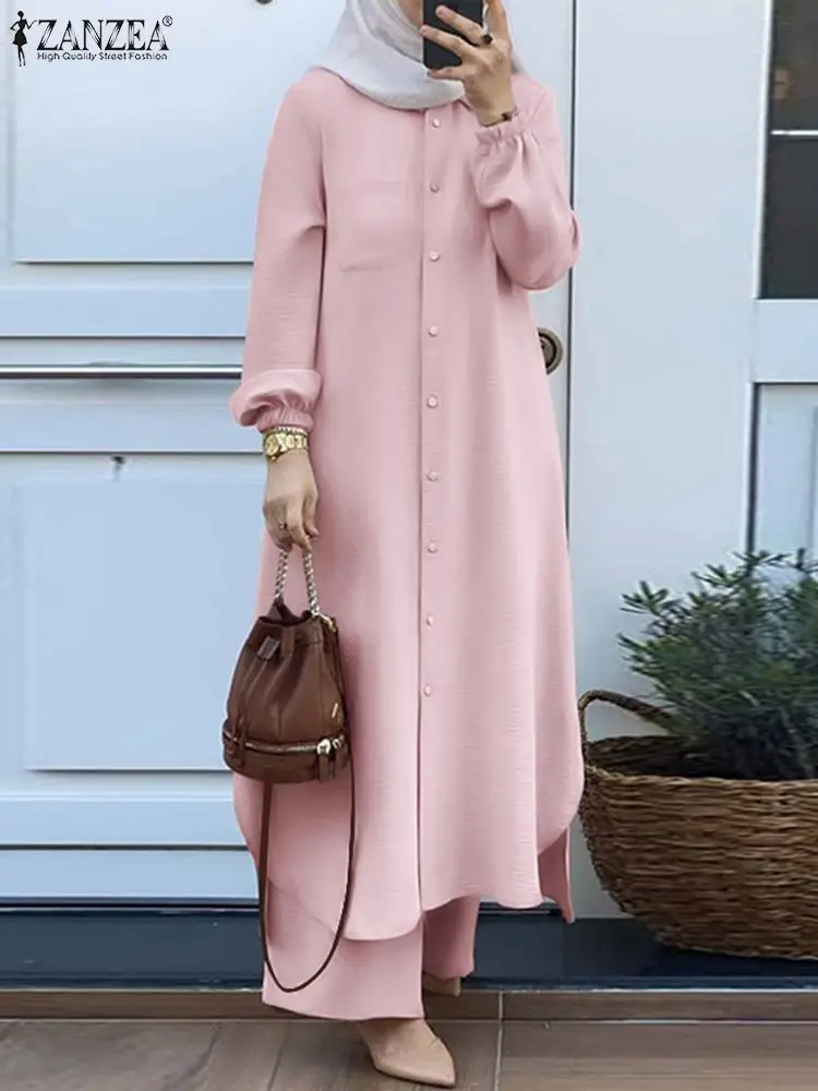 ZANZEA Vintage Muslim Suit Solid Color Lapel Neck Long Sleeve Blouse Pant Ramadan Islamic Clothing Fashion Casual Turkey Outifit