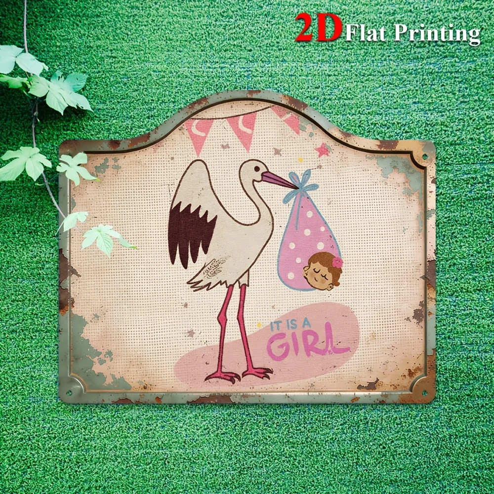 2D Flat,1pc, Two-Dimensional Flat, Metal Sign Artwork Featuring A Vintage Stork With A Baby Girl Announcement, Ideal For Nursery