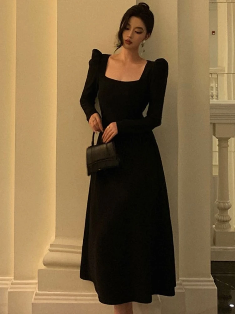 

French Autumn Solid Midi Evening Dresses for Women Wedding Party Dress Long Sleeves Square Collar A-line Korean Fashion Vestidos