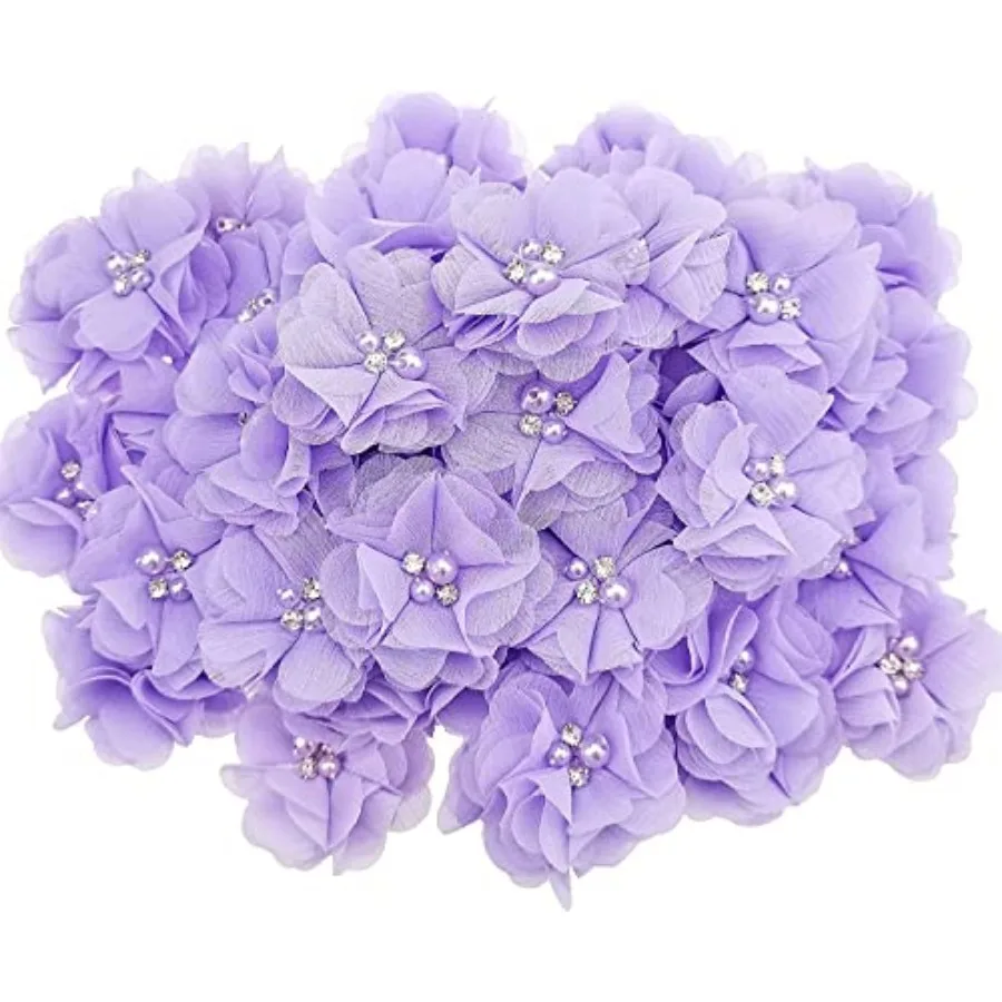 

30 PCS Rhinestone Pearl Purple Chiffon Flower Sewing Fabric Appliques for Clothing, Headbands Flower, Crafts, Party Decoration,